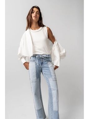 BOHME Alice Patchwork Wide Leg Jeans w/ patch pockets $38 SZ14-18 (34-40” waist)